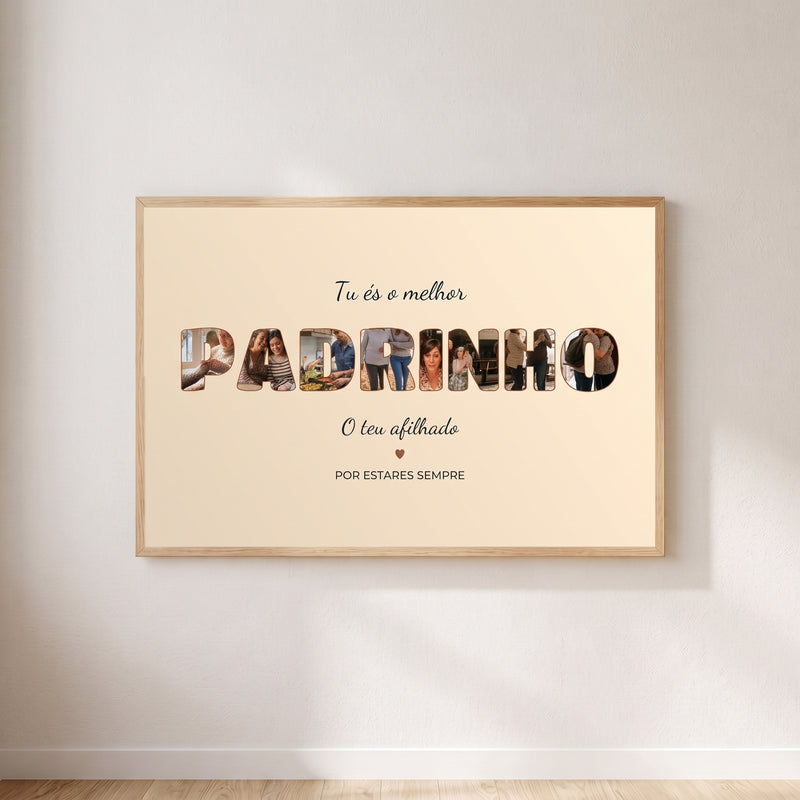 Quadro personalizado para el padrino con fotos dentro de las letras, enmarcado y colgado en una pared clara