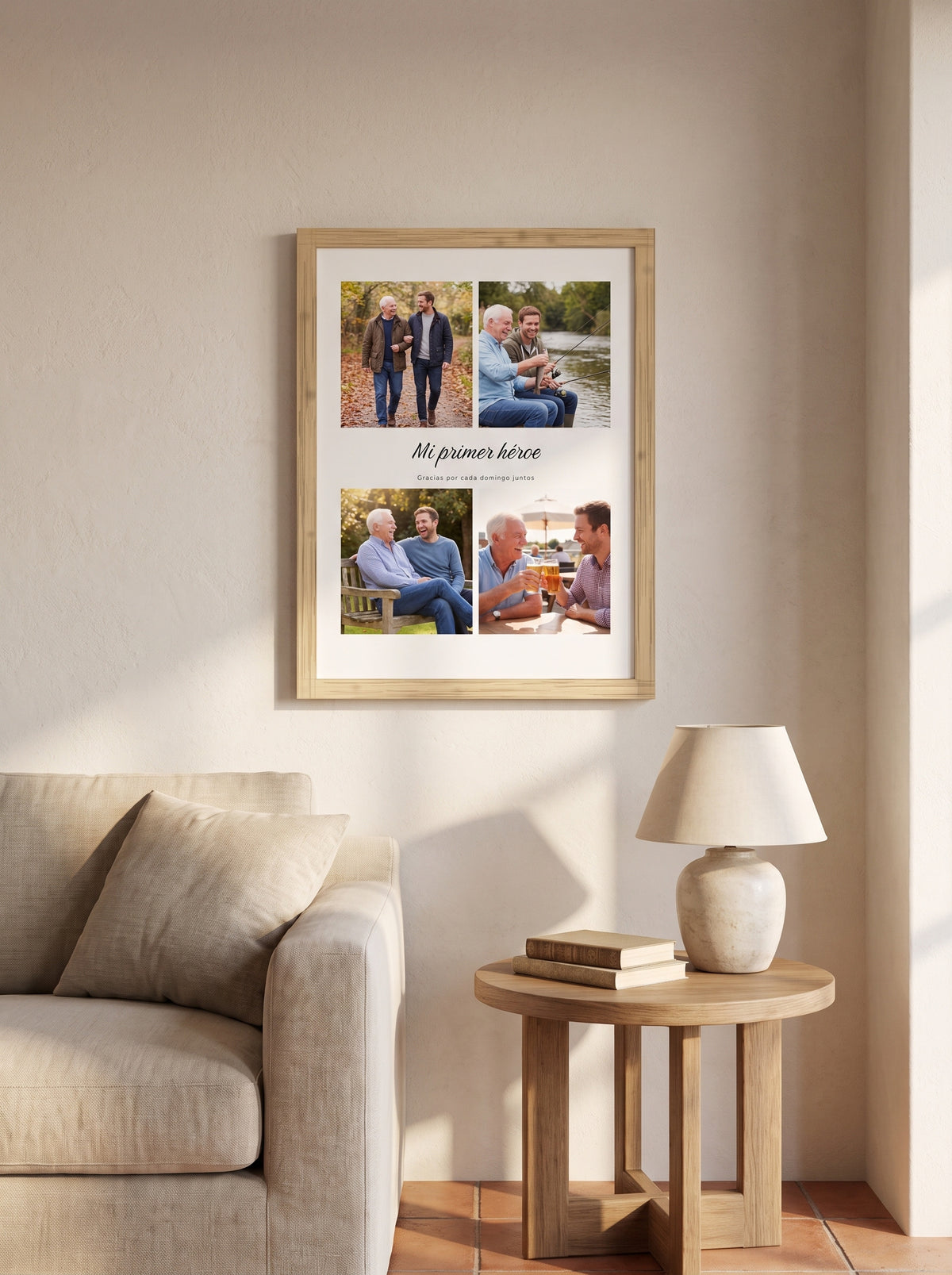 Cuadro El mejor papá con 4 fotos personalizado (Mi primer héroe · Gracias por cada domingo juntos) colgado en un salón, con marco de madera