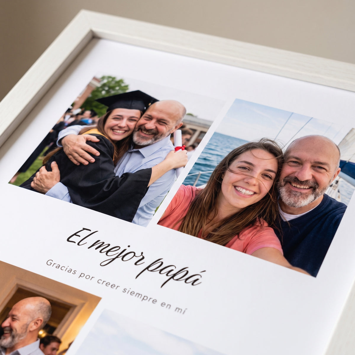 Detalle de dos de las fotos y el título a mano, impresos en papel mate