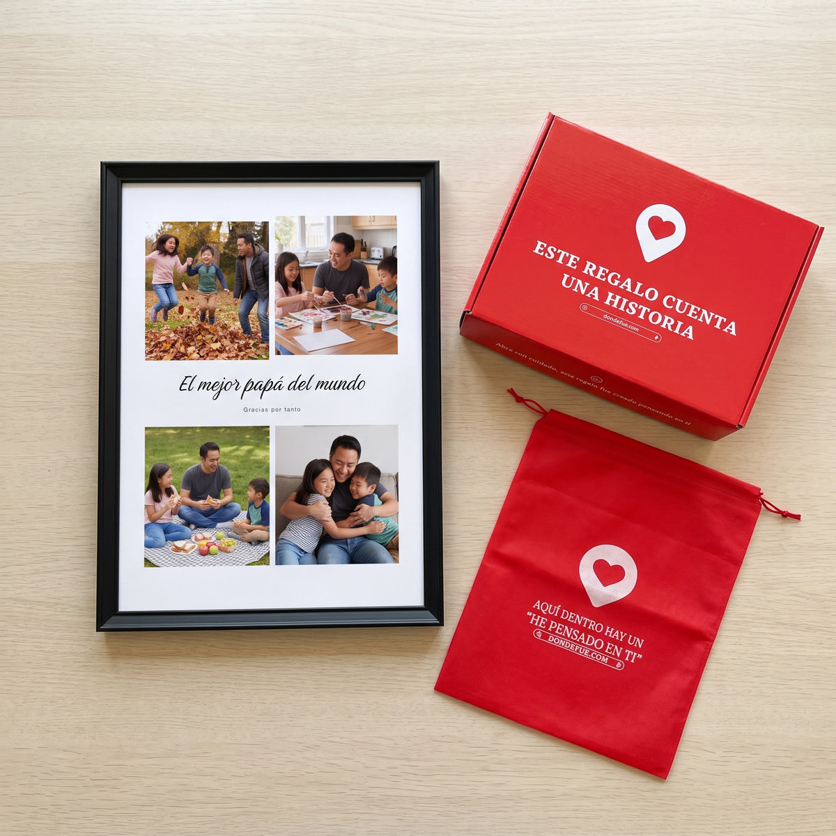 Cuadro El mejor papá con 4 fotos personalizado (El mejor papá del mundo · Gracias por tanto) junto a la caja roja y la bolsa de tela roja en que se envía