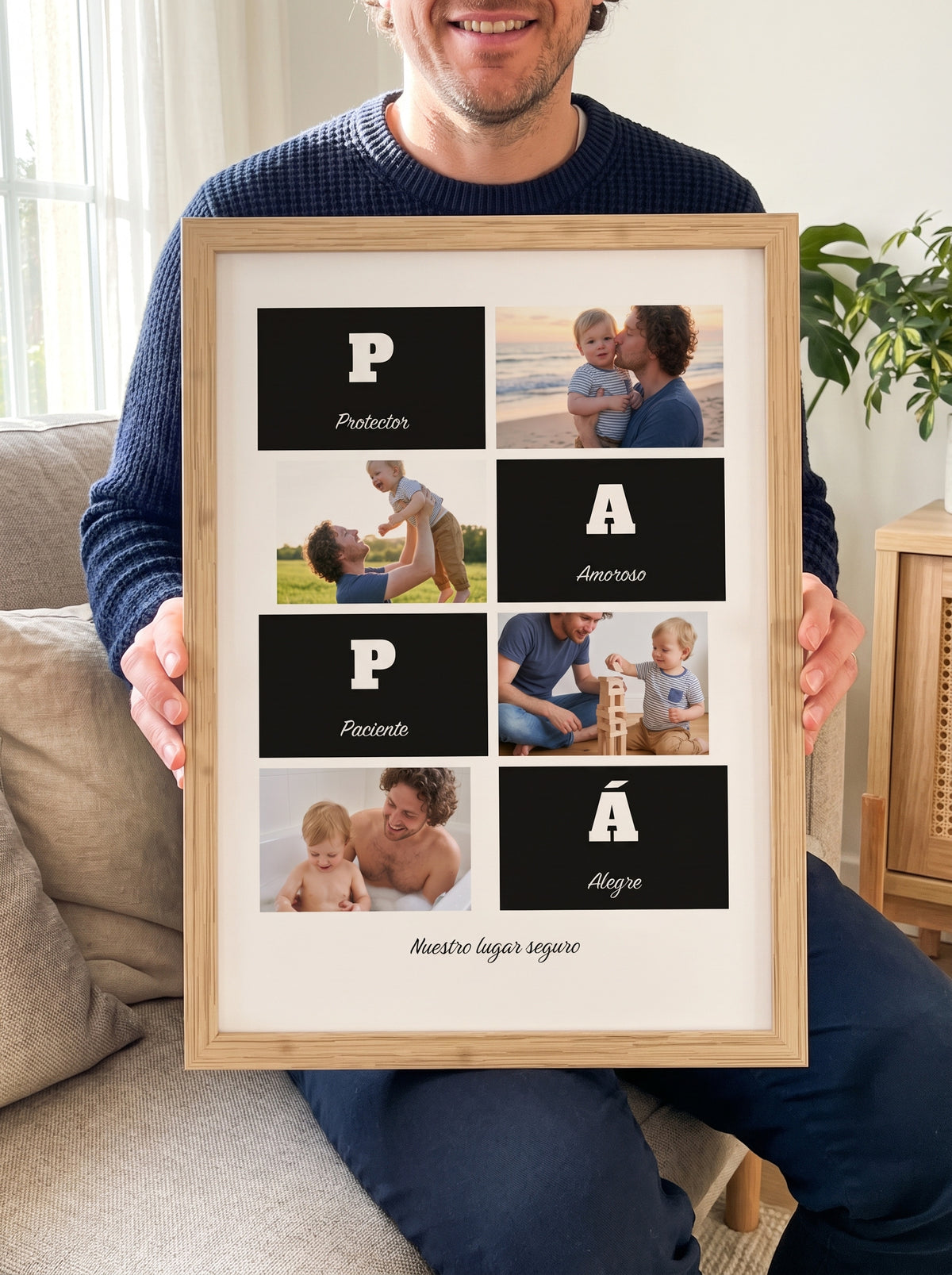 Cuadro Papá con adjetivos y fotos personalizado (Protector · Amoroso · Paciente · Alegre · Nuestro lugar seguro) sostenido entre las manos, con marco de madera