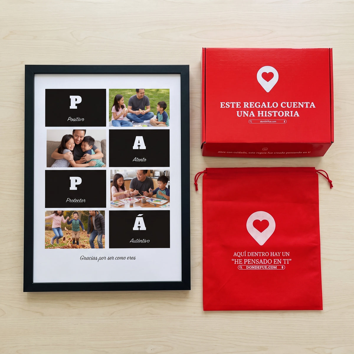 Cuadro Papá con adjetivos y fotos personalizado (Positivo · Atento · Protector · Auténtico · Gracias por ser como eres) junto a la caja roja y la bolsa de tela roja en que se envía