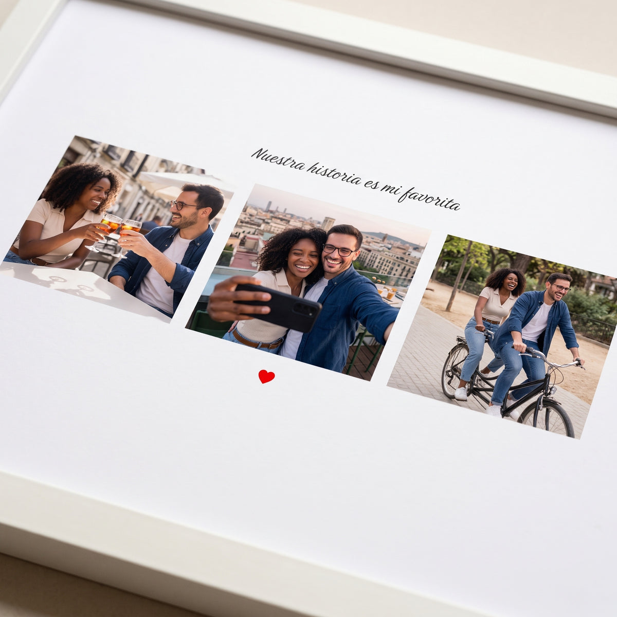 Detalle de las tres fotos de la pareja en fila con el corazón rojo