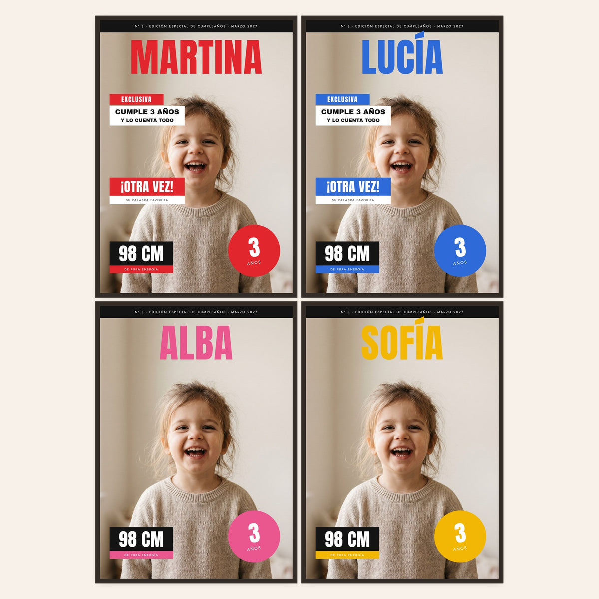 Portada de revista infantil en sus colores: rojo, azul, rosa y amarillo