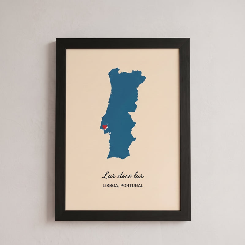 Quadro personalizado con la silueta de Espanha en azul y un corazón rojo marcando Madrid