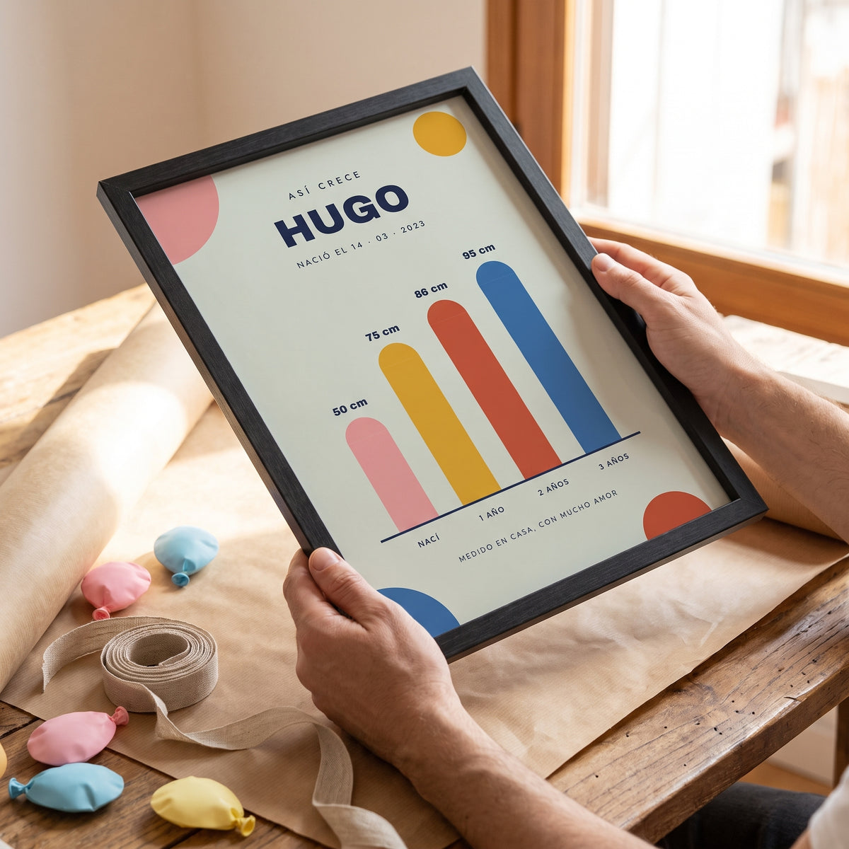 Regalo de aniversário personalizado: cuadro con lo que medía el niño cada año