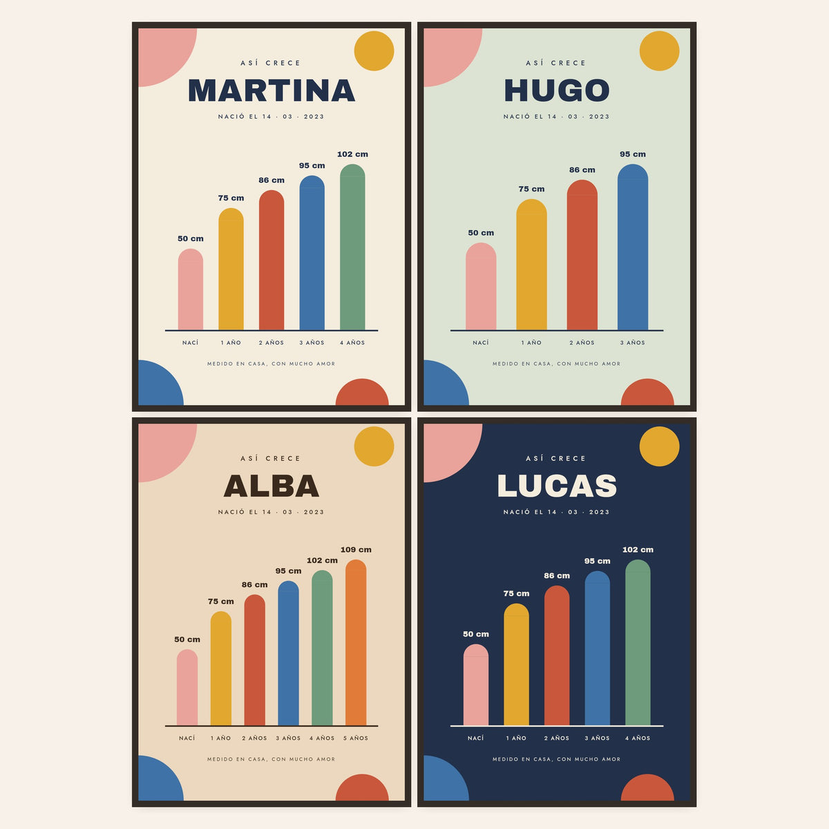 Cuadro de crecimiento infantil en sus cuatro colores: crema, salvia, arena y azul noche