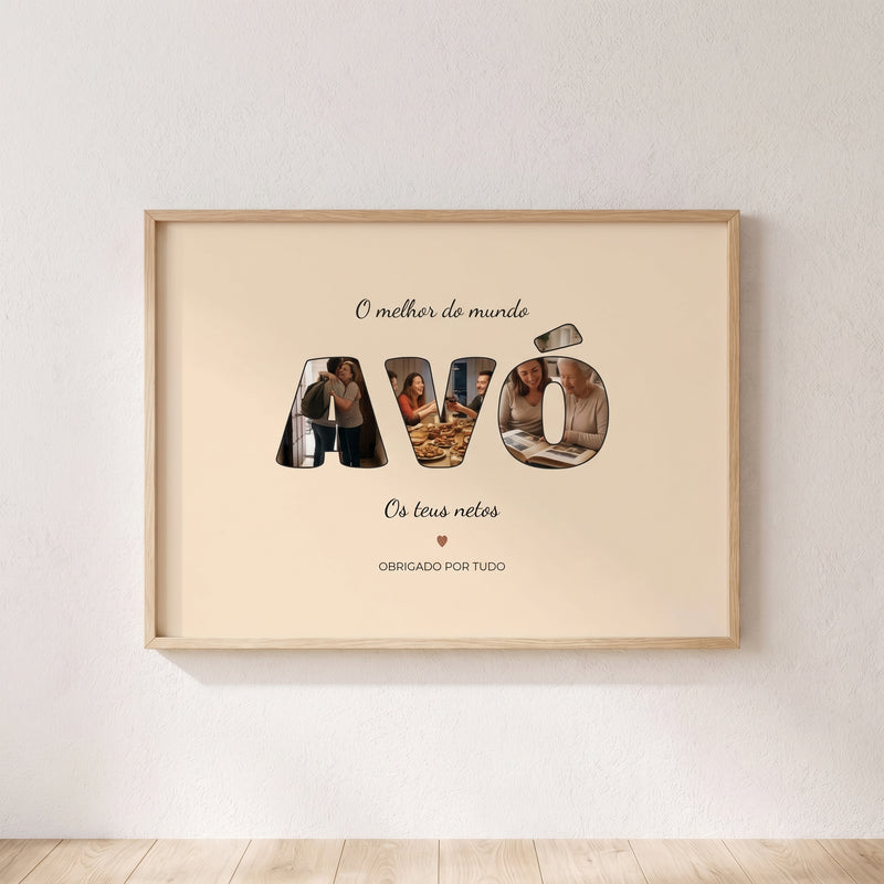 Quadro personalizado para la yaya con fotos dentro de las letras, enmarcado y colgado en una pared clara