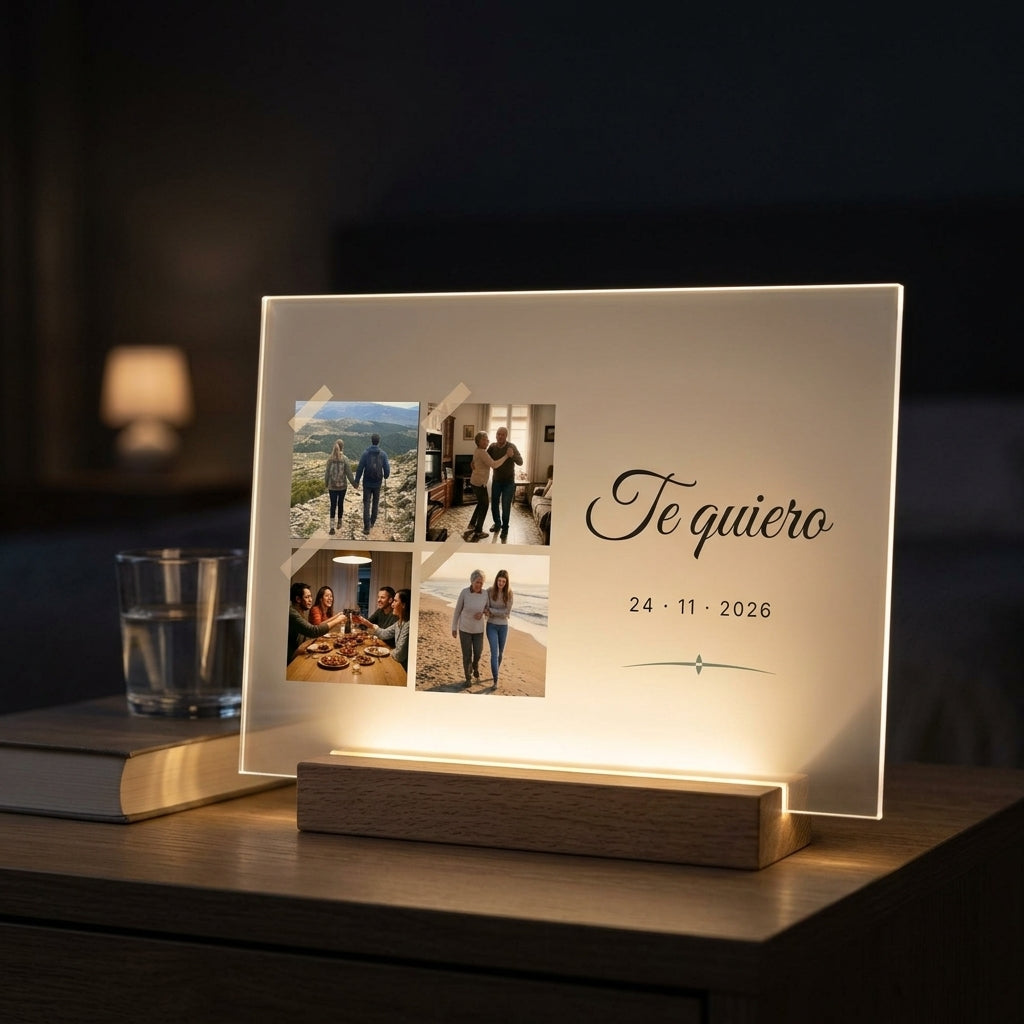 Placa de metacrilato personalizada con cuatro fotos encendida sobre la base de madera con luz LED, en una mesilla de noche