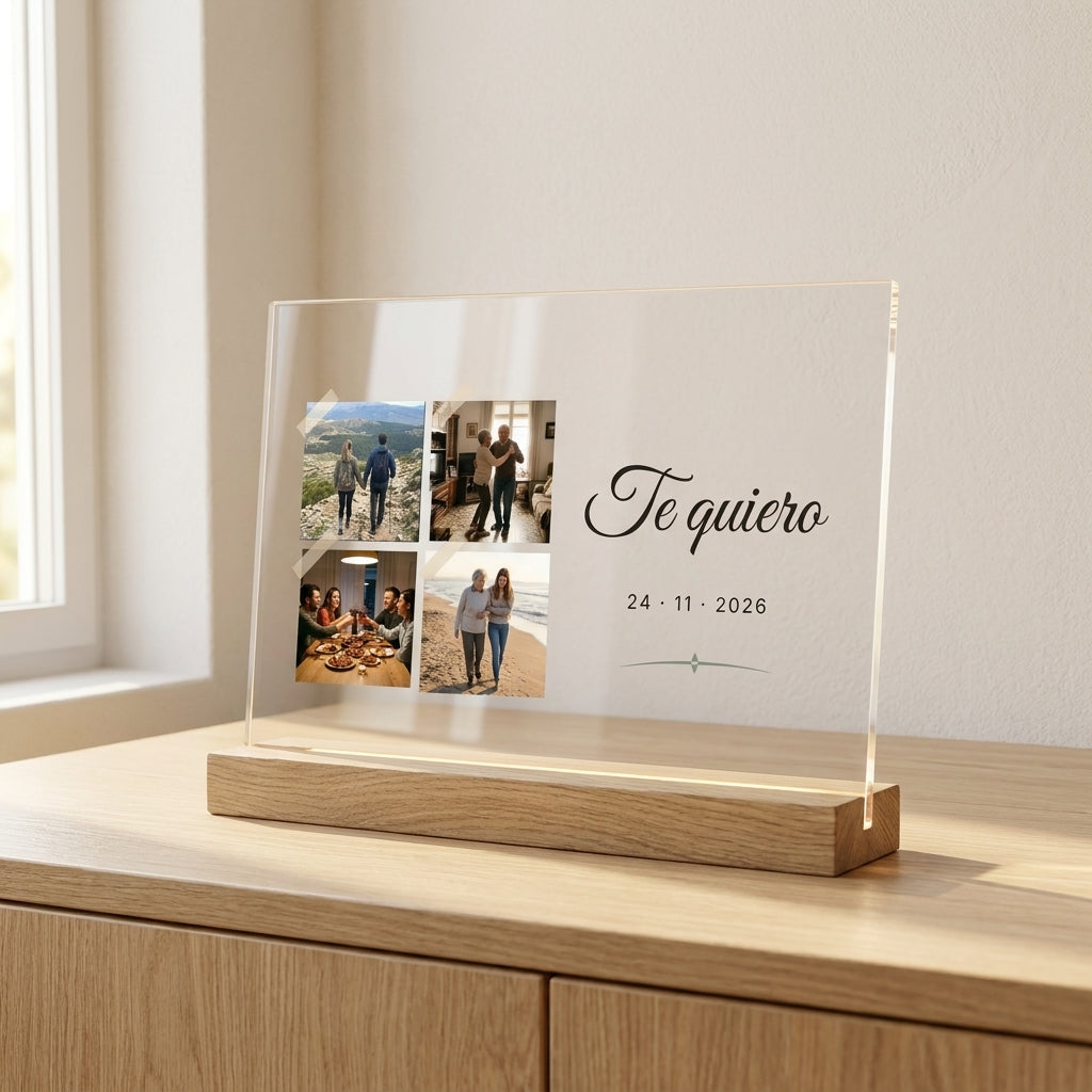 Placa de metacrilato personalizada con cuatro fotos, sobre un aparador de roble en una habitación luminosa, con su base de madera con luz