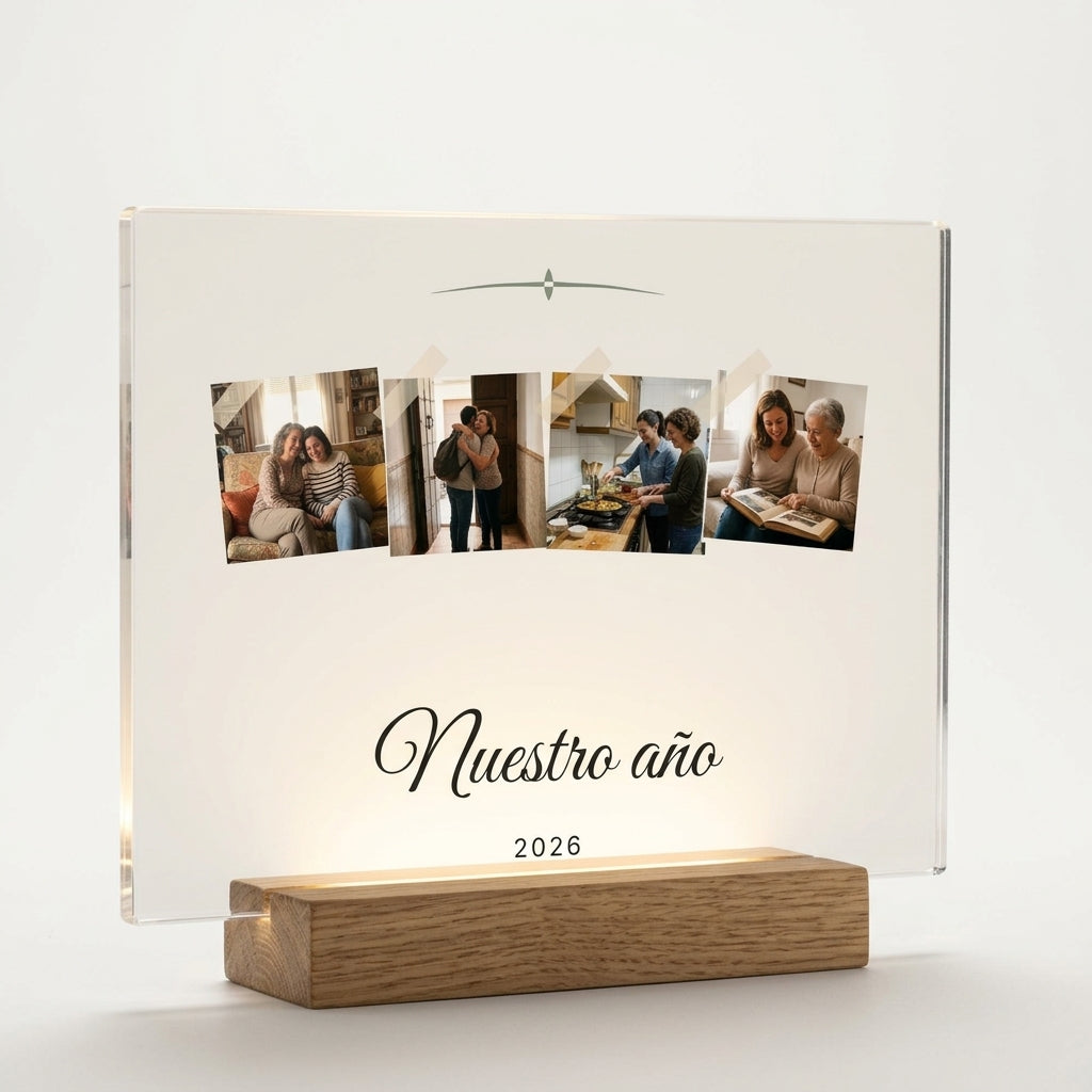 Placa de metacrilato personalizada con cuatro fotos sobre su base de luz, foto de estudio sobre fondo neutro