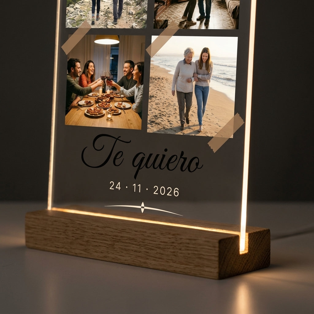 Detalle de la base de madera con luz LED de la placa de metacrilato personalizada con cuatro fotos