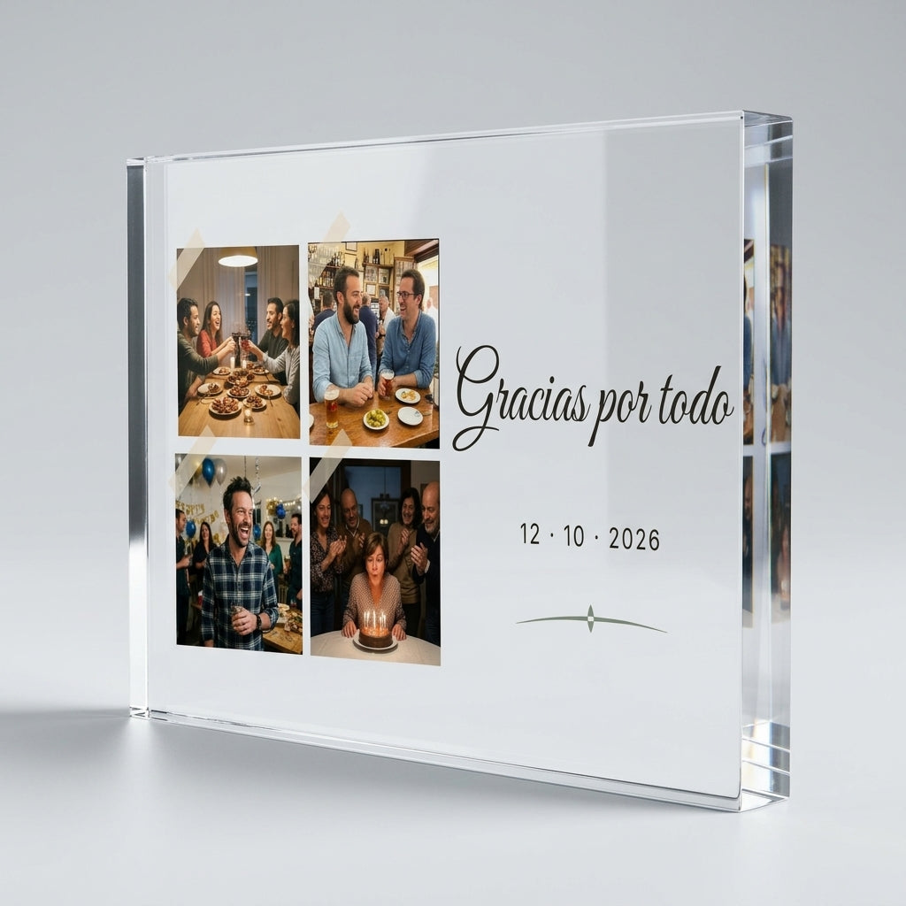 Bloque macizo de 2 cm de la placa de metacrilato personalizada con cuatro fotos, visto de canto