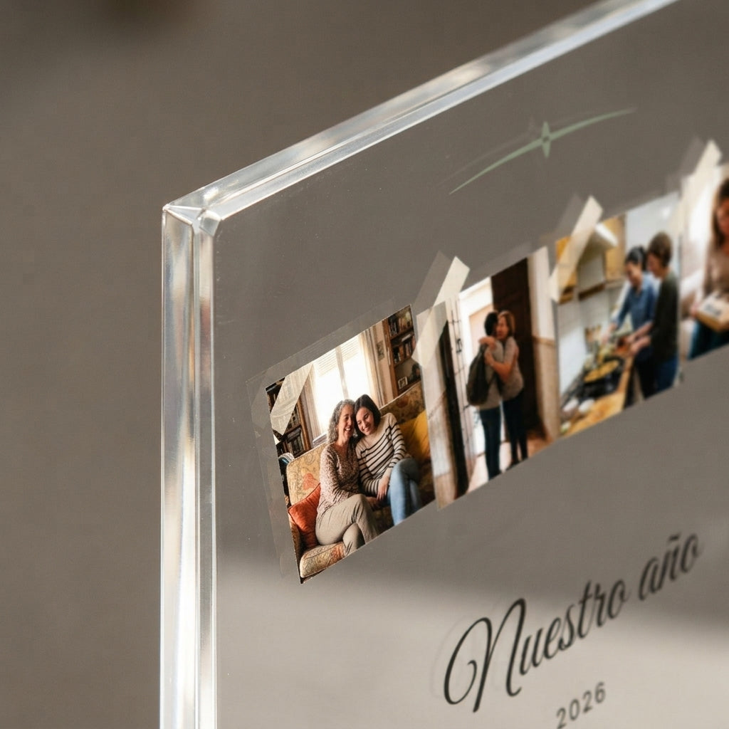 Detalle del canto pulido y de la impresión UV de la placa de metacrilato personalizada con cuatro fotos