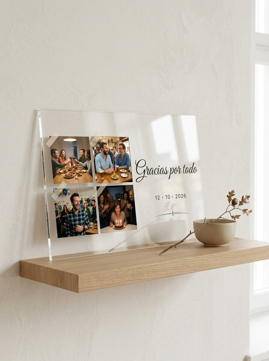 Placa de metacrilato personalizada con cuatro fotos apoyada en una balda de roble junto a una rama seca