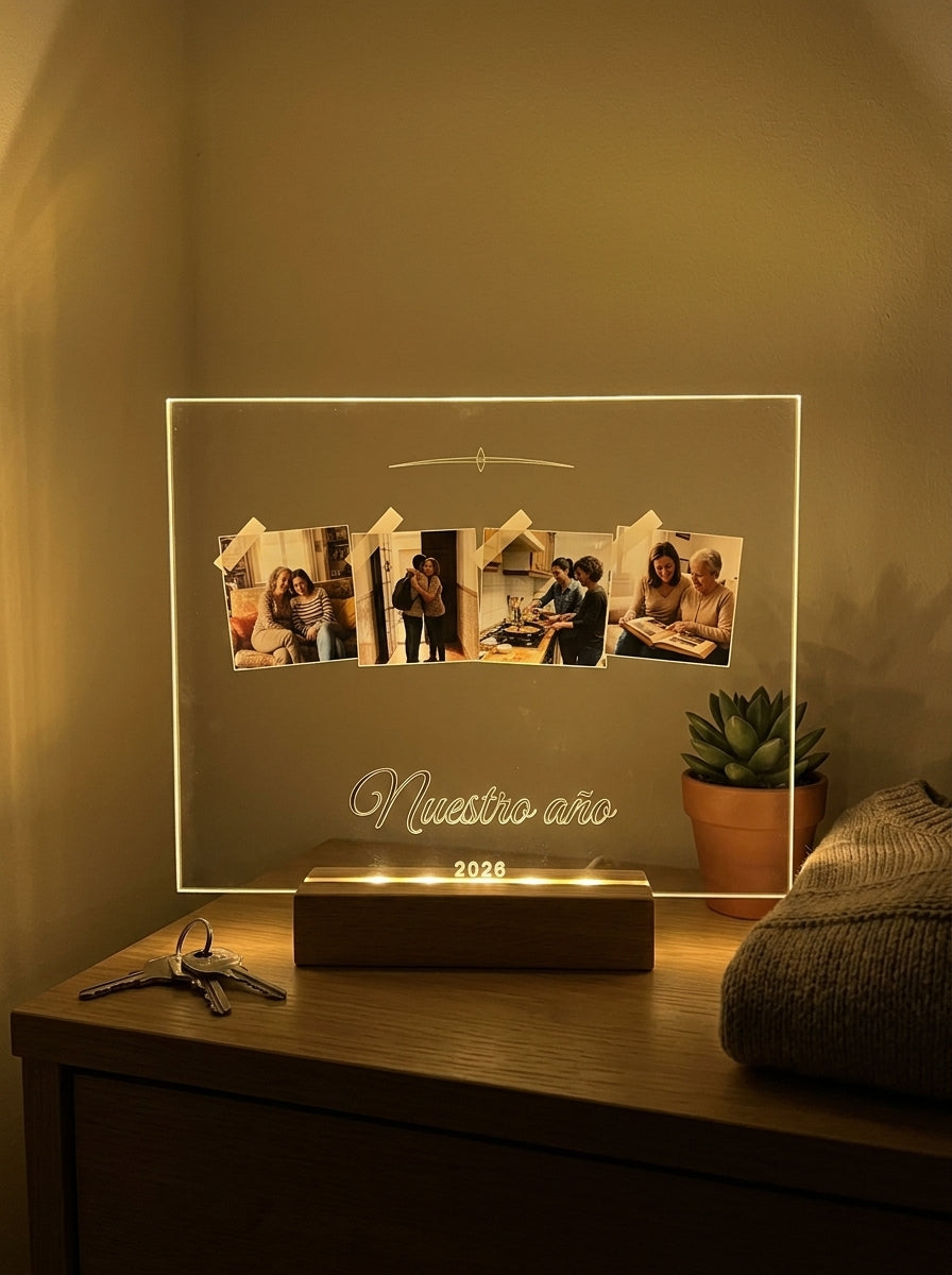 Placa de metacrilato personalizada con cuatro fotos encendida de noche sobre una cómoda