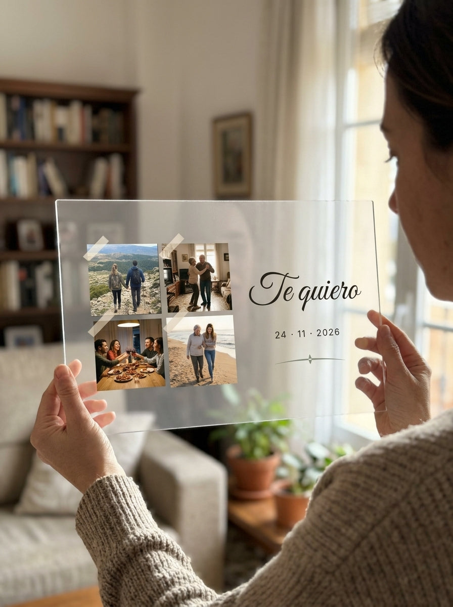 Sosteniendo la placa de metacrilato personalizada con cuatro fotos a contraluz junto a una ventana
