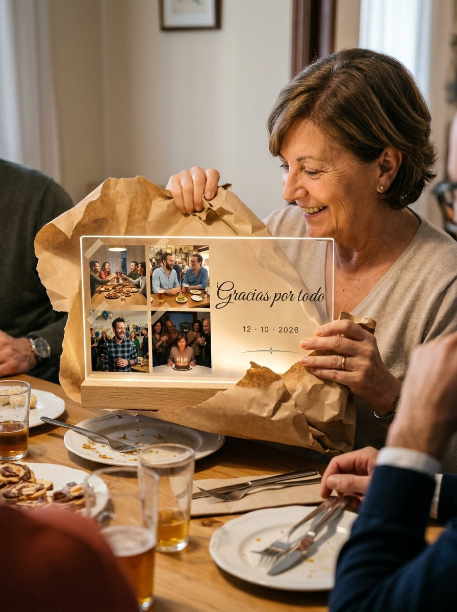 Abriendo el regalo de la placa de metacrilato personalizada con cuatro fotos en una comida familiar