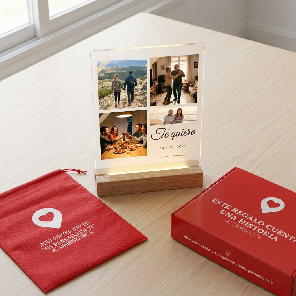 Placa de metacrilato personalizada con cuatro fotos junto a la caja y la bolsa de regalo de Donde Fue