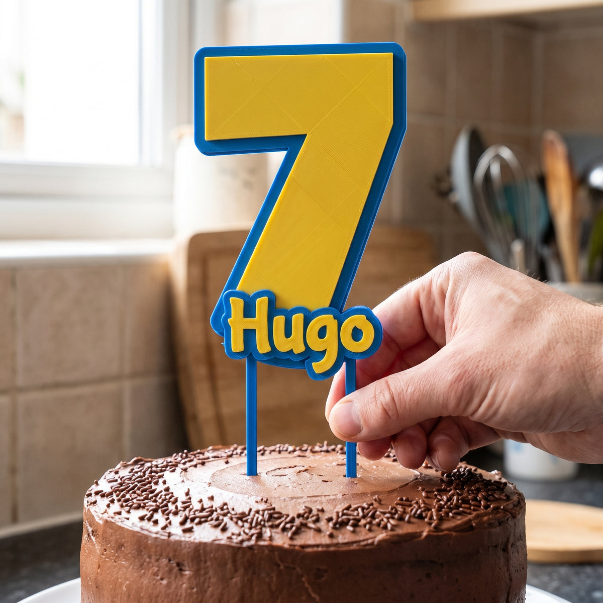 Mano clavando un cake topper 3D con el número 7 y el nombre Hugo en una tarta de chocolate