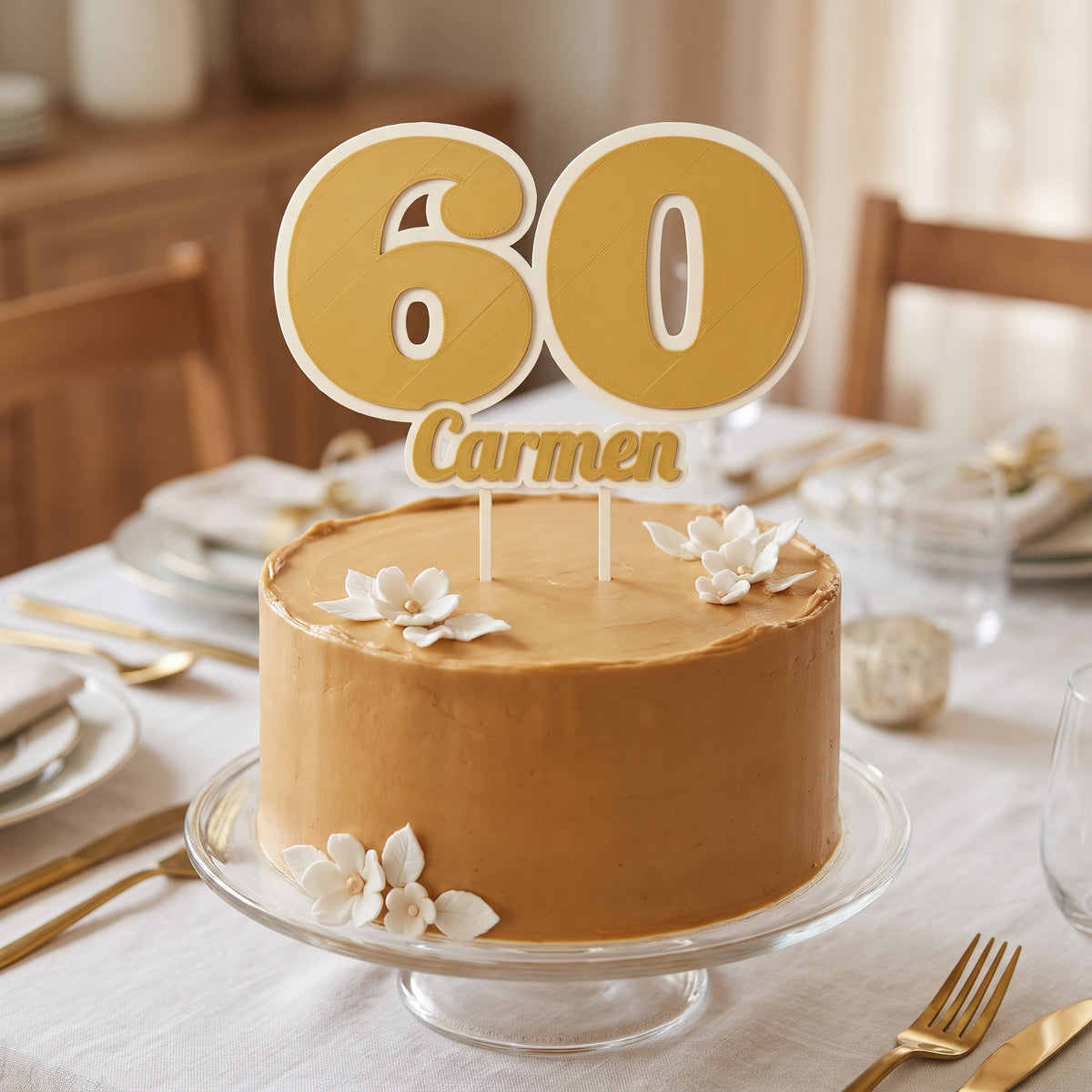 Cake topper personalizado 60 Carmen en oro y blanco sobre una tarta de caramelo