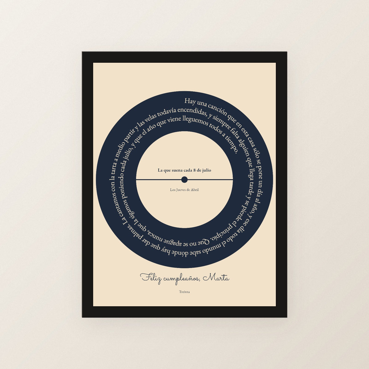 Cuadro canción personalizado cumpleaños con la letra en espiral alrededor de una foto