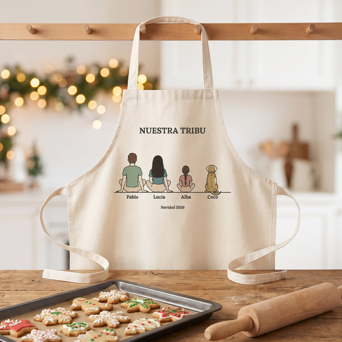 Delantal «Nuestra tribu» colgado en la cocina con galletas de Navidad