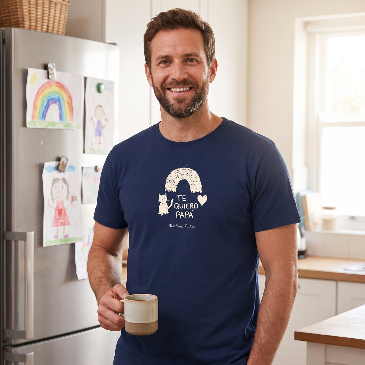 Padre sonriendo en la cocina con una camiseta azul marino personalizada con el dibujo de su hija: un arcoíris, un gato y «TE QUIERO PAPÁ», firmado «Martina, 7 años»