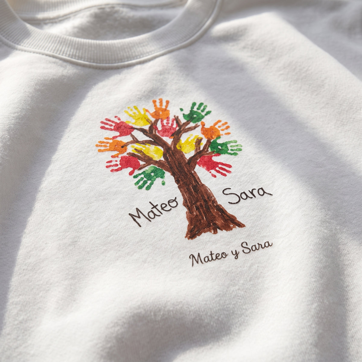 Detalle del estampado DTF en una sudadera blanca: un árbol pintado con las huellas de las manos de dos niños y sus nombres, Mateo y Sara