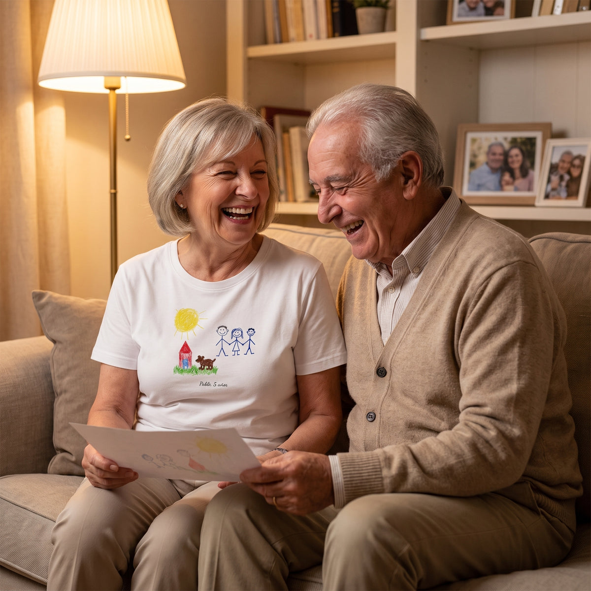 Abuelos riendo en el sofá; ella lleva una camiseta blanca personalizada con el dibujo de su nieto —una casa, un sol, un perro y la familia— firmado «Pablo, 5 años»