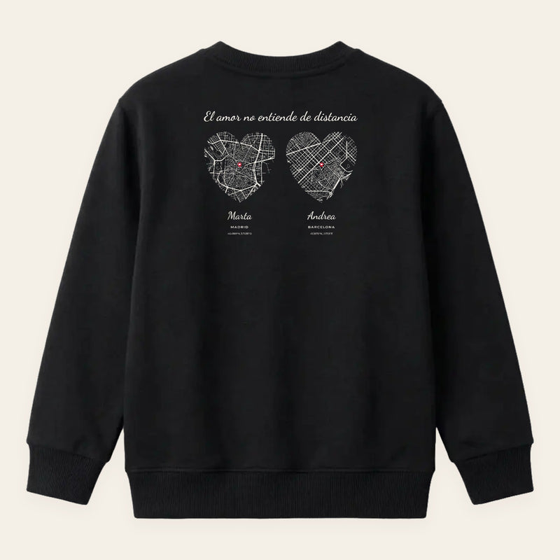 Sudadera negra sin capucha personalizada con dos lugares en el mapa, estampado en la espalda