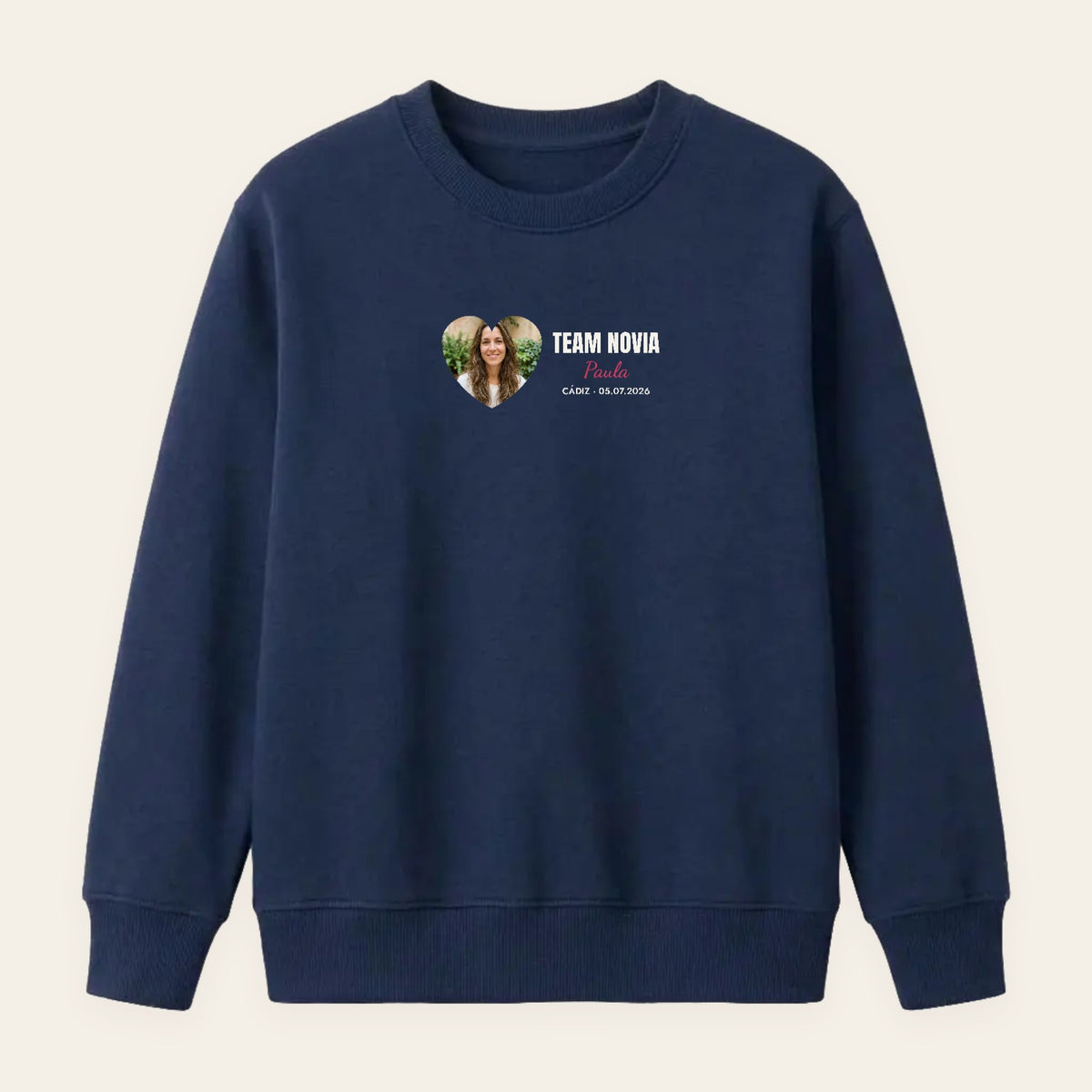 Sudadera azul marino «Team Novia» con la foto en un corazón