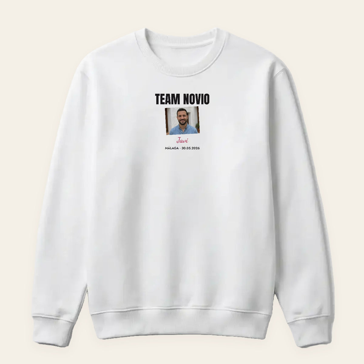 Sudadera blanca «Team Novio» con la foto del novio para la despedida de soltero