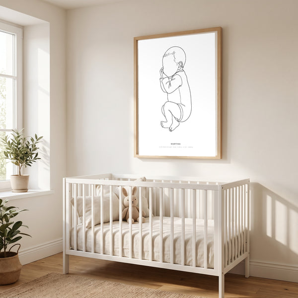 Cuadro de nacimiento personalizado con el dibujo lineal de tu bebé
