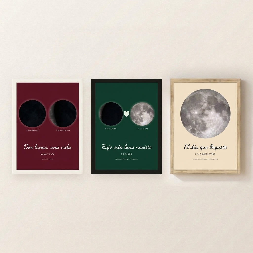 Tres cuadros de fase lunar con marco blanco, negro y madera y composiciones distintas