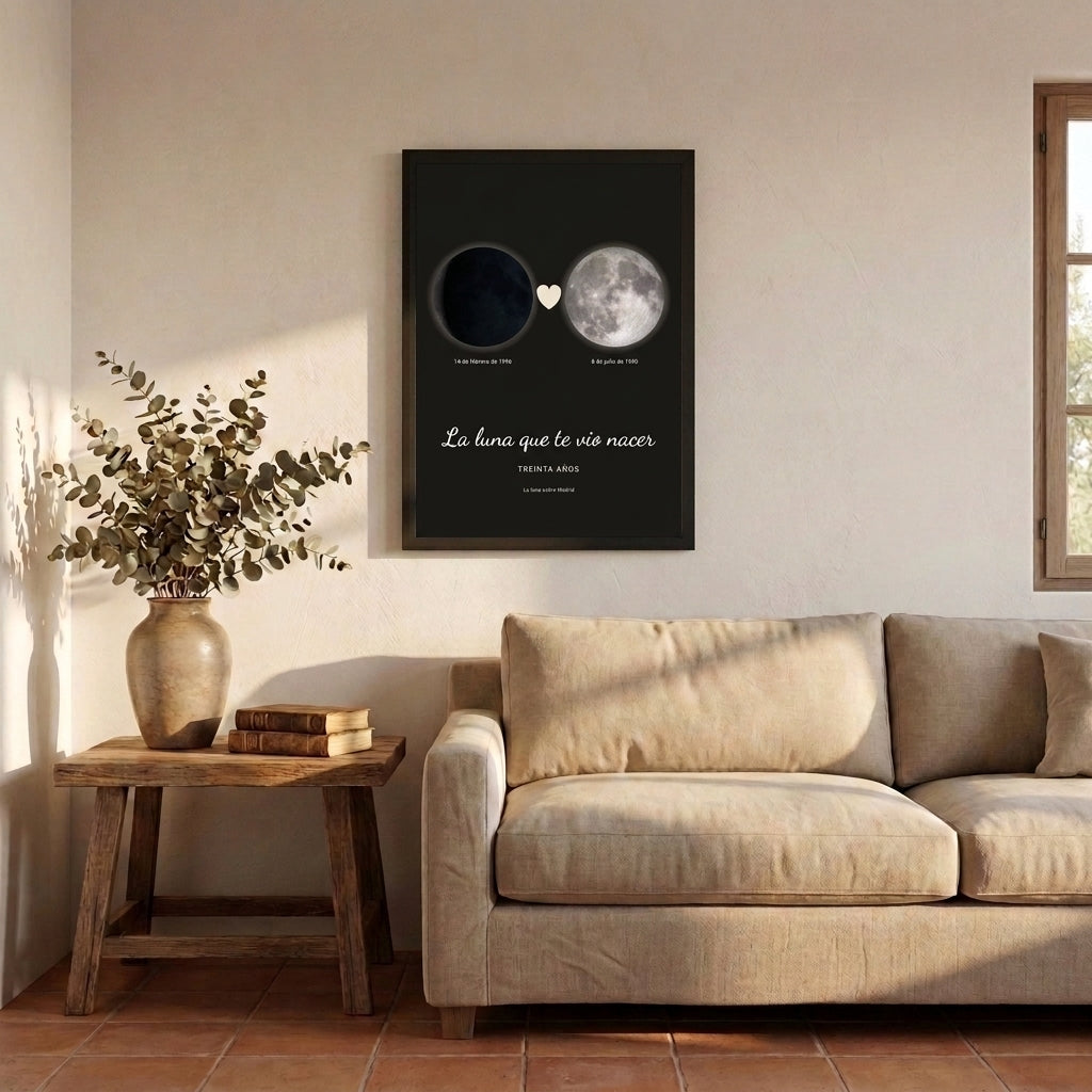 Cuadro fase lunar con dos lunas y corazón, marco negro, colgado sobre un sofá