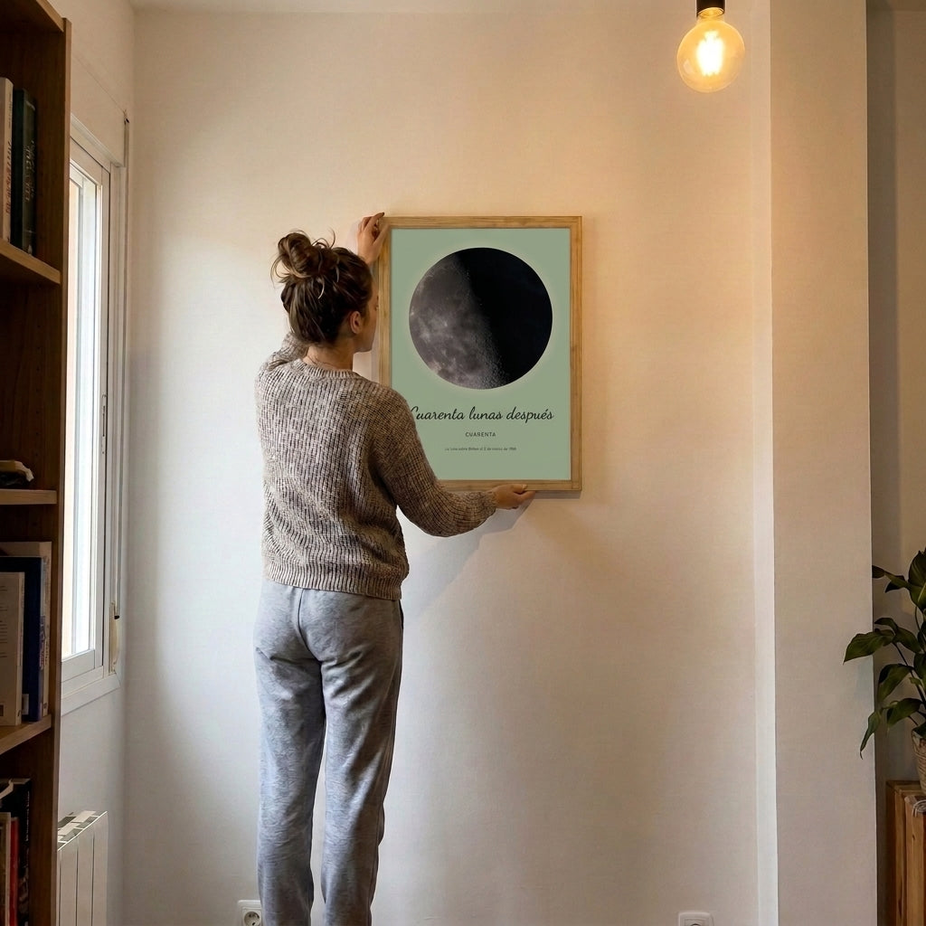 Colgando el cuadro fase lunar de cumpleaños en casa