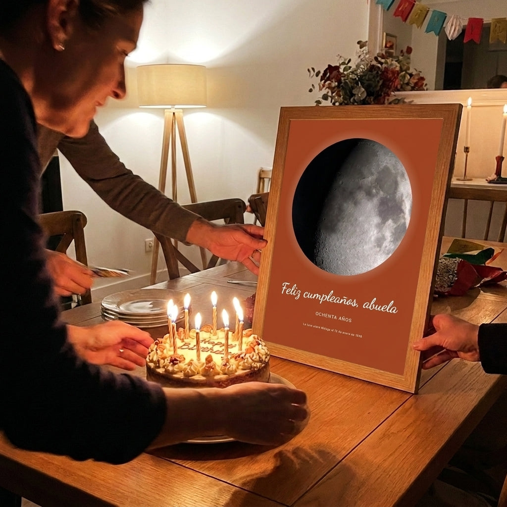 Cuadro fase lunar Feliz cumpleaños abuela junto a una tarta con velas