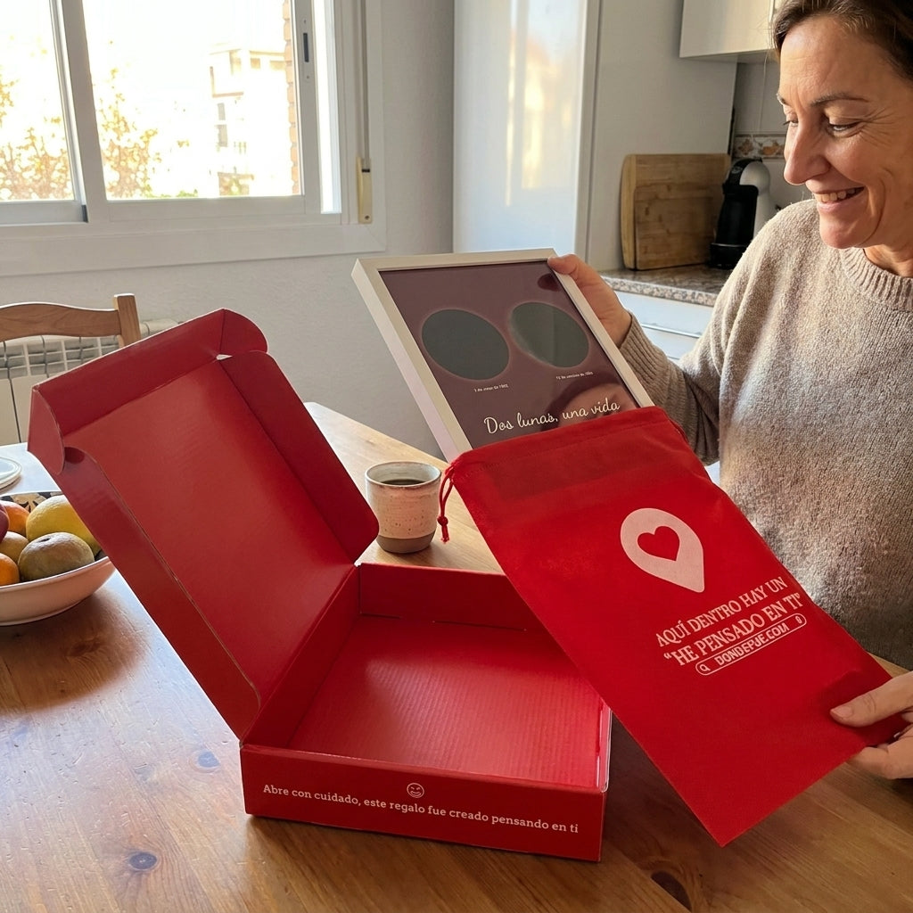 Desembalando el cuadro fase lunar de su caja y bolsa de regalo