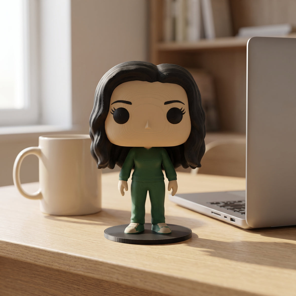 La figura en un escritorio, junto a una taza y un portátil, para ver su tamaño