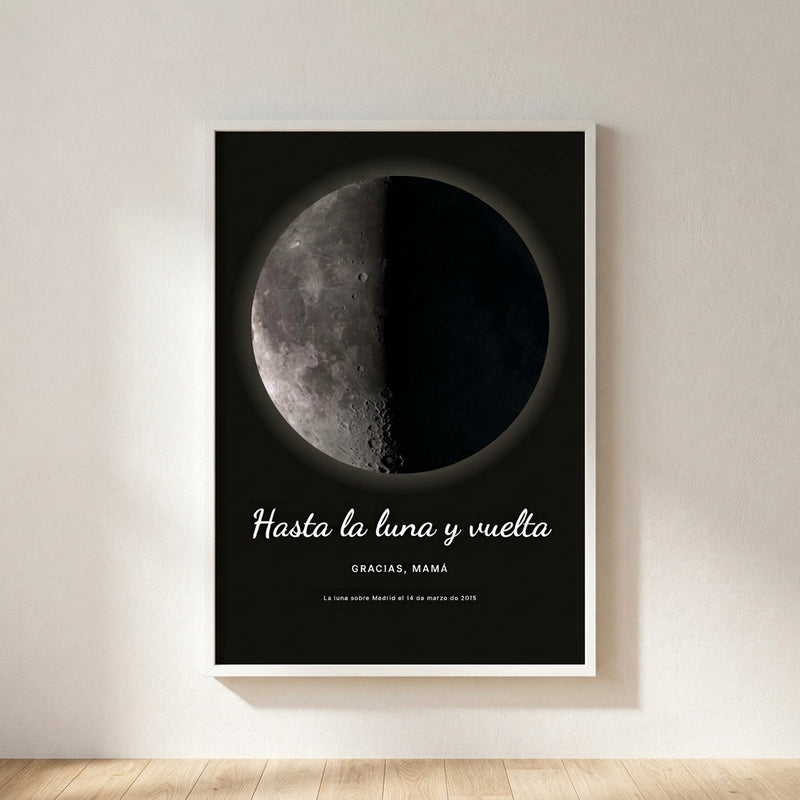 Cuadro fase lunar personalizado Día de la Madre con la luna del día en que fue madre, colgado en una pared clara