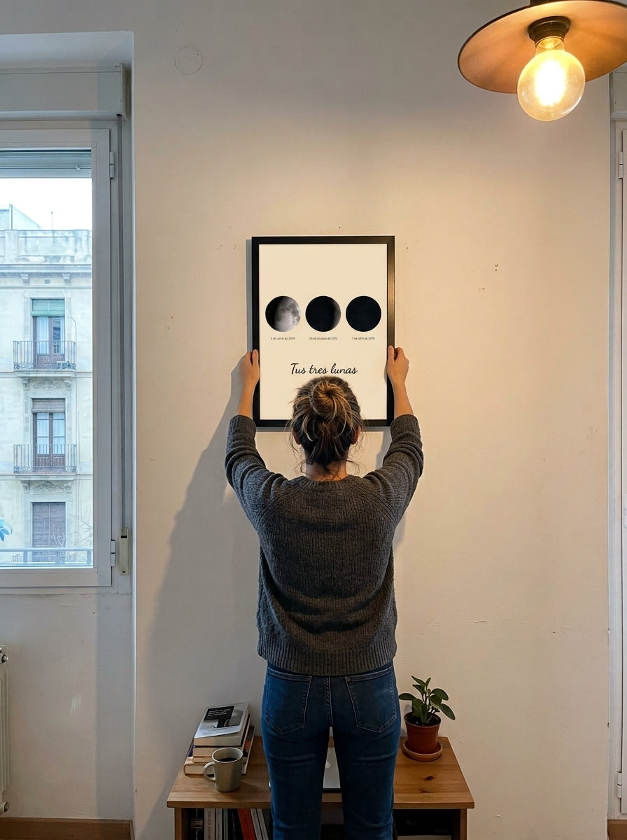 Colgando el cuadro fase lunar personalizado Día de la Madre en la pared de casa