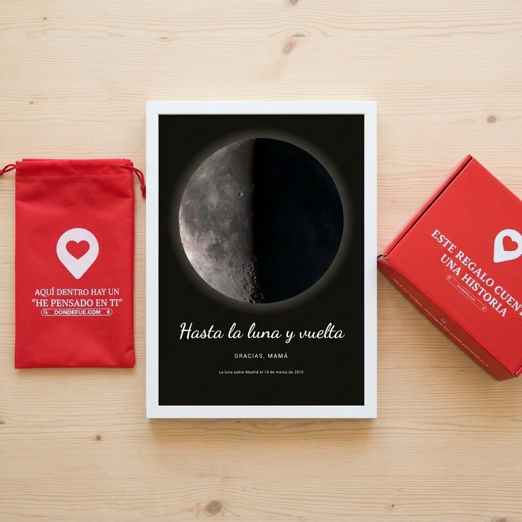 Cuadro fase lunar personalizado Día de la Madre junto a la caja y la bolsa de regalo de Donde Fue