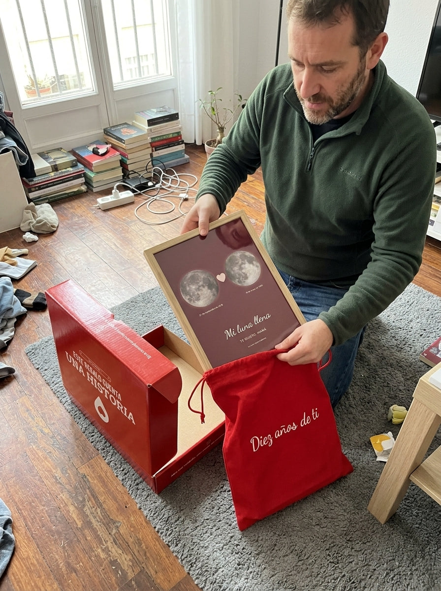 Sacando el cuadro fase lunar personalizado Día de la Madre de la bolsa de regalo, con la caja abierta al lado