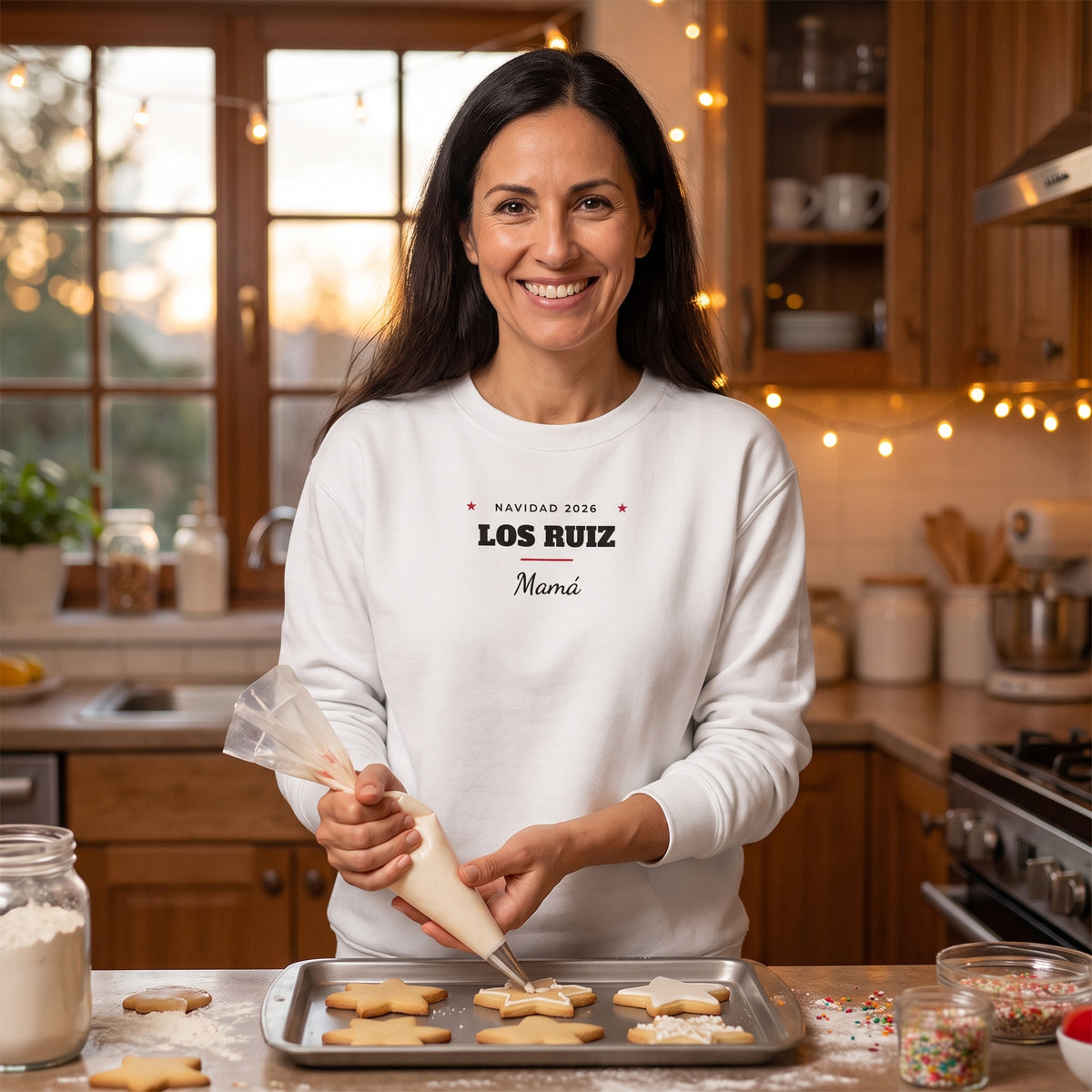 Mujer decorando galletas de Navidad en la cocina con la sudadera blanca «NAVIDAD 2026 · LOS RUIZ · Mamá», estilo letrero
