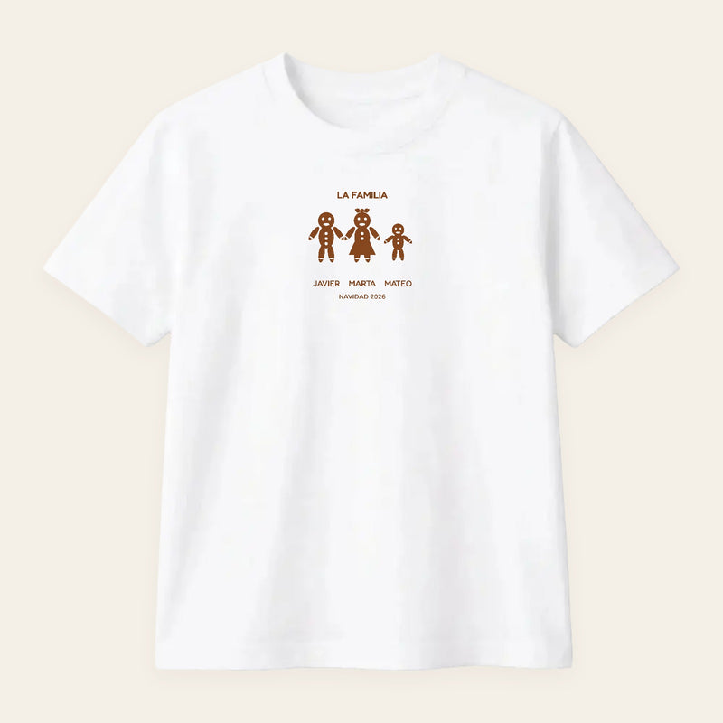 Camiseta blanca de Navidad con tres galletas de jengibre personalizadas y los nombres de la familia