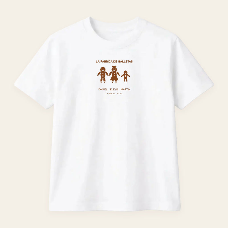 Camiseta blanca de Navidad con tres galletas de jengibre personalizadas y los nombres de la familia