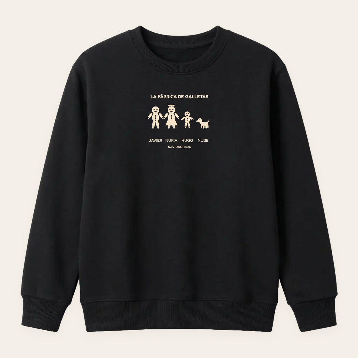 Sudadera negra de Navidad con cuatro galletas de jengibre: dos adultos, un niño y la mascota