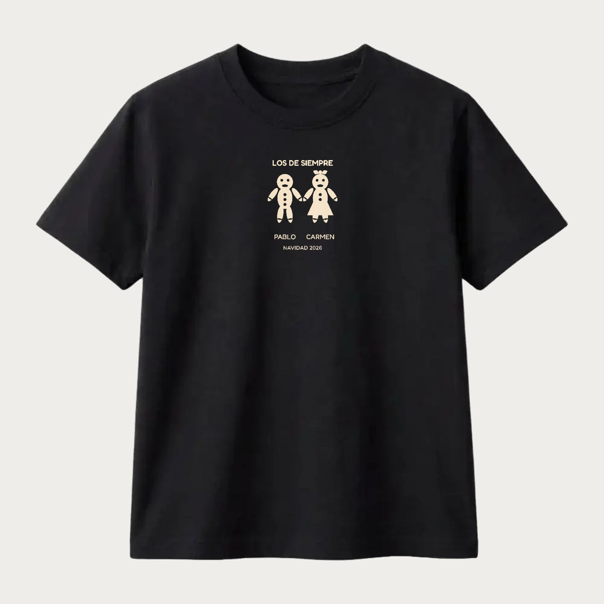 Camiseta negra de Navidad con dos galletas de jengibre personalizadas con sus nombres