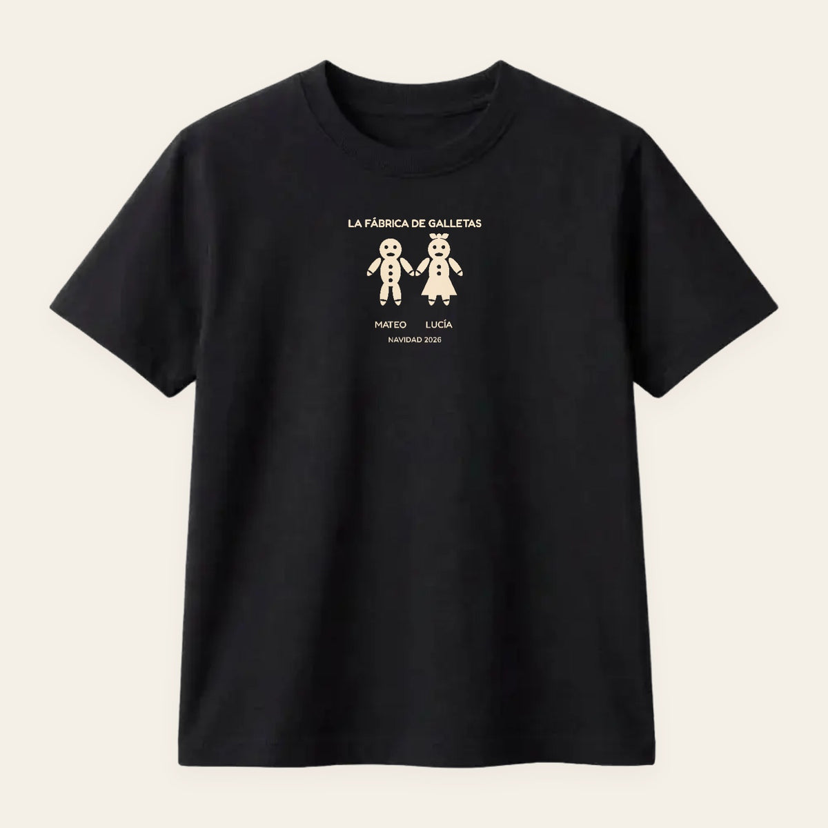 Camiseta negra de Navidad con dos galletas de jengibre personalizadas con sus nombres